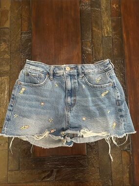 American Eagle Denim Mom Short with Embroidered Flowers